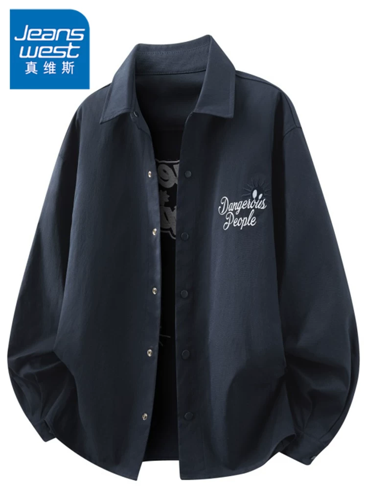 Áo khoác thêu chữ kiểu Mỹ của Jeanswest dành cho nam, mùa xuân thu, áo khoác thương hiệu thời trang cao cấp, dáng rộng, phong cách giản dị.