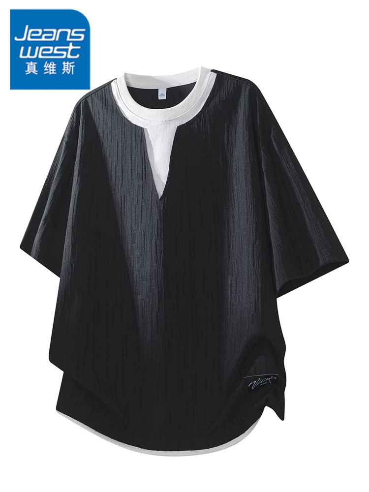 Áo thun cổ tròn giả hai mảnh phong cách Mỹ của Jeanswest dành cho nam, thương hiệu thời trang cao cấp mùa hè, tay ngắn rộng rãi, thoáng khí.