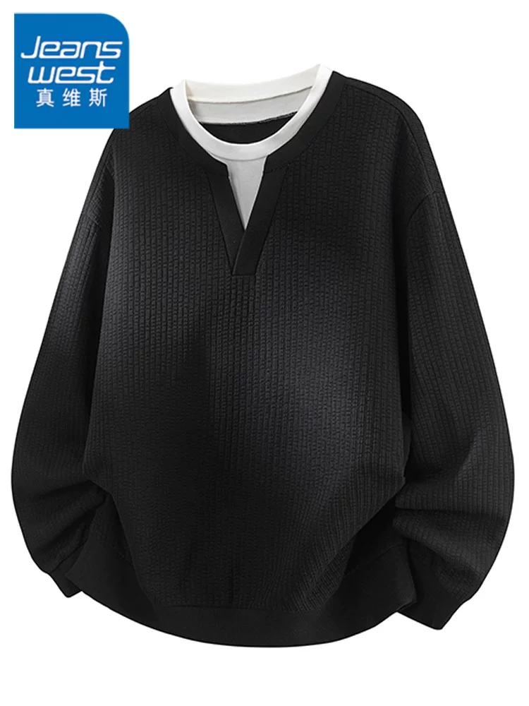 Áo nỉ cổ tròn giả hai mảnh phong cách mới của Jeanswest dành cho nam, áo dài tay dáng rộng và đa năng, thích hợp cho mùa xuân và mùa thu.