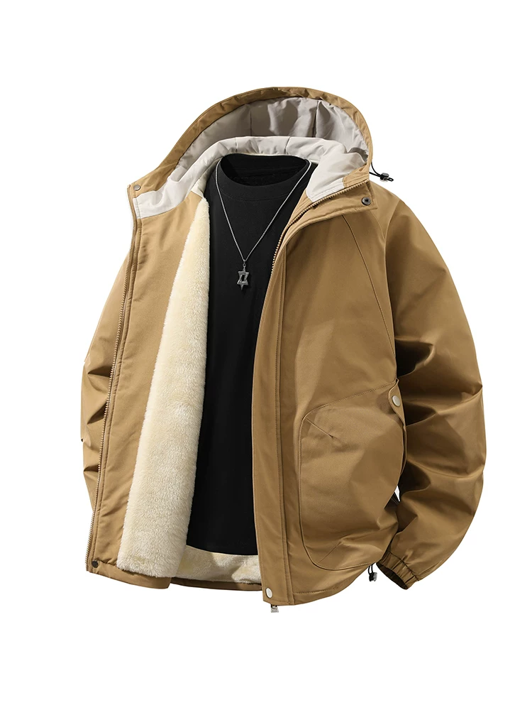 Áo khoác cotton có mũ kiểu Mỹ của Jeanswest dành cho nam, mẫu mới mùa đông 2025, lót lông cừu và dày dặn.