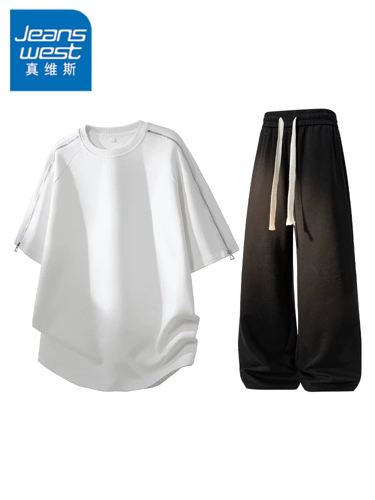 Bộ đồ nam Jeanswest kiểu Mỹ, thiết kế phá cách, cổ tròn, tay ngắn, chất liệu thoáng mát, cao cấp, dáng rộng, hai mảnh, mùa hè.