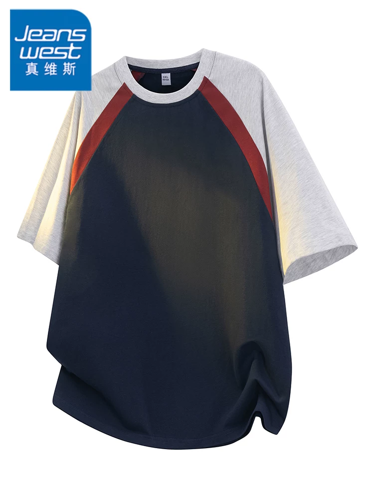 Áo thun nam cổ tròn kẻ sọc phối màu của Jeanswest, dáng rộng mùa hè, đa năng, thoáng khí, thân thiện với làn da, tay ngắn cao cấp.
