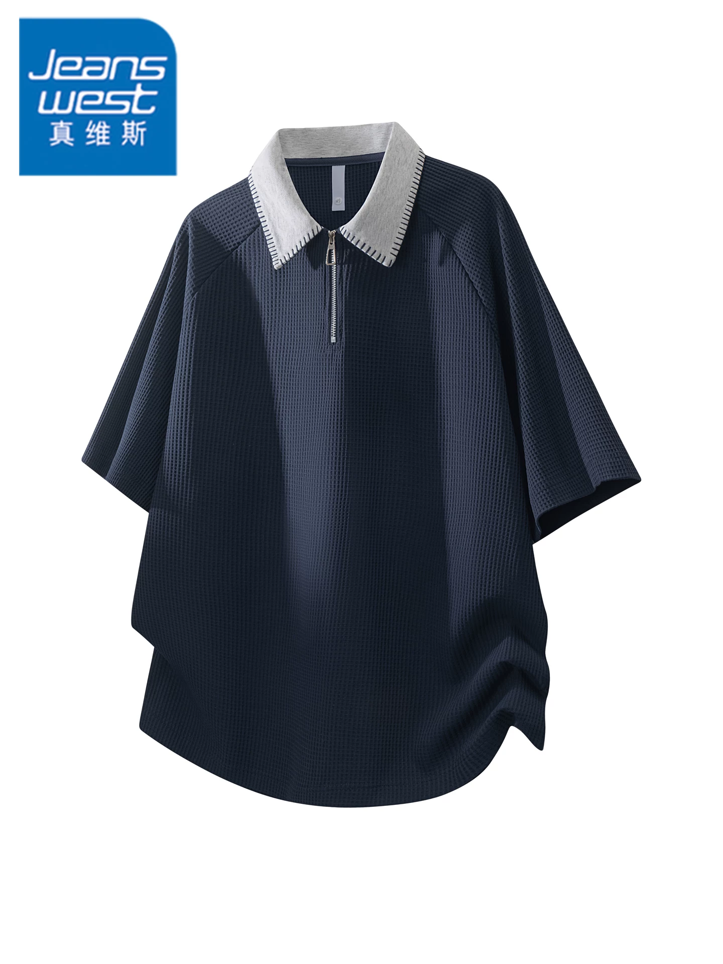 Áo thun nam Jeanswest kiểu Mỹ phối màu tương phản, cổ trụ nửa khóa kéo, dáng rộng mùa hè, chất liệu cao cấp, tay ngắn thoáng khí.