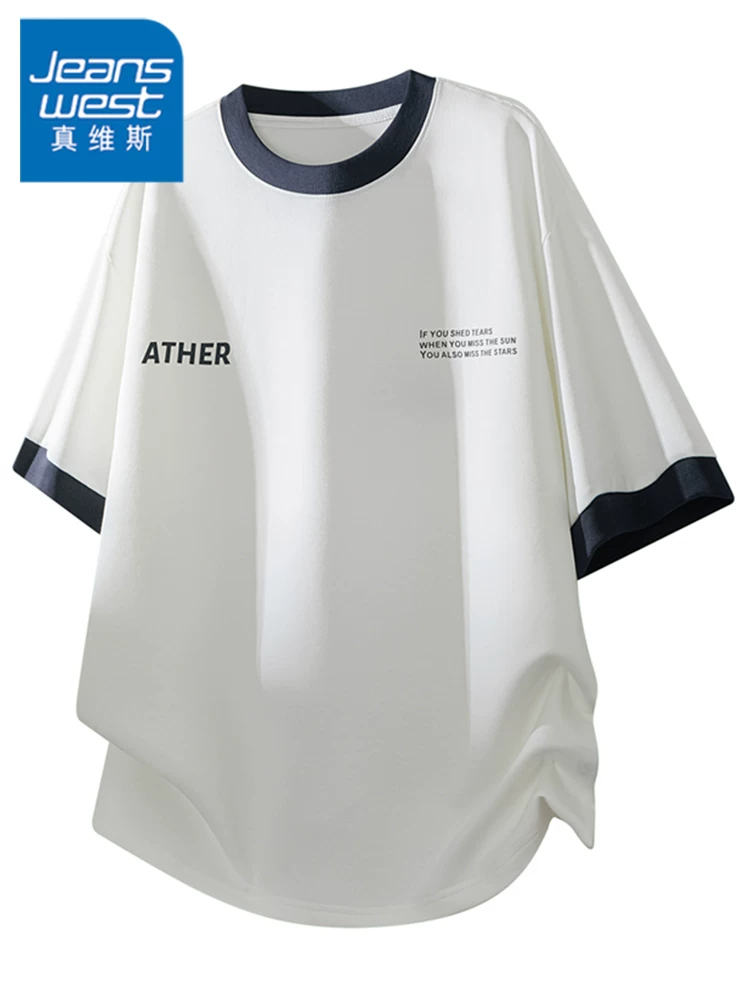 Áo thun ngắn tay cổ tròn in chữ phong cách Mỹ của Jeanswest dành cho nam, áo thun dáng rộng thương hiệu thời trang cao cấp mùa hè.