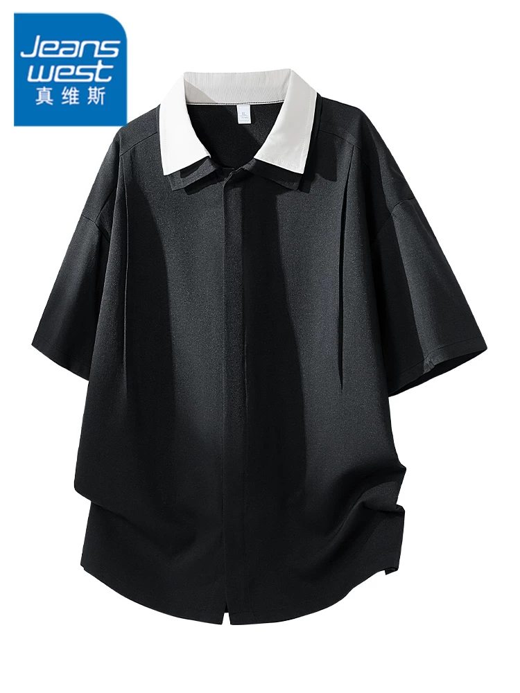 Áo thun cổ bẻ tay dài năm phần tư phong cách cao cấp của Jeanswest dành cho nam, áo thun thương hiệu thời trang thông thường rộng rãi thoáng khí mùa xuân hè.