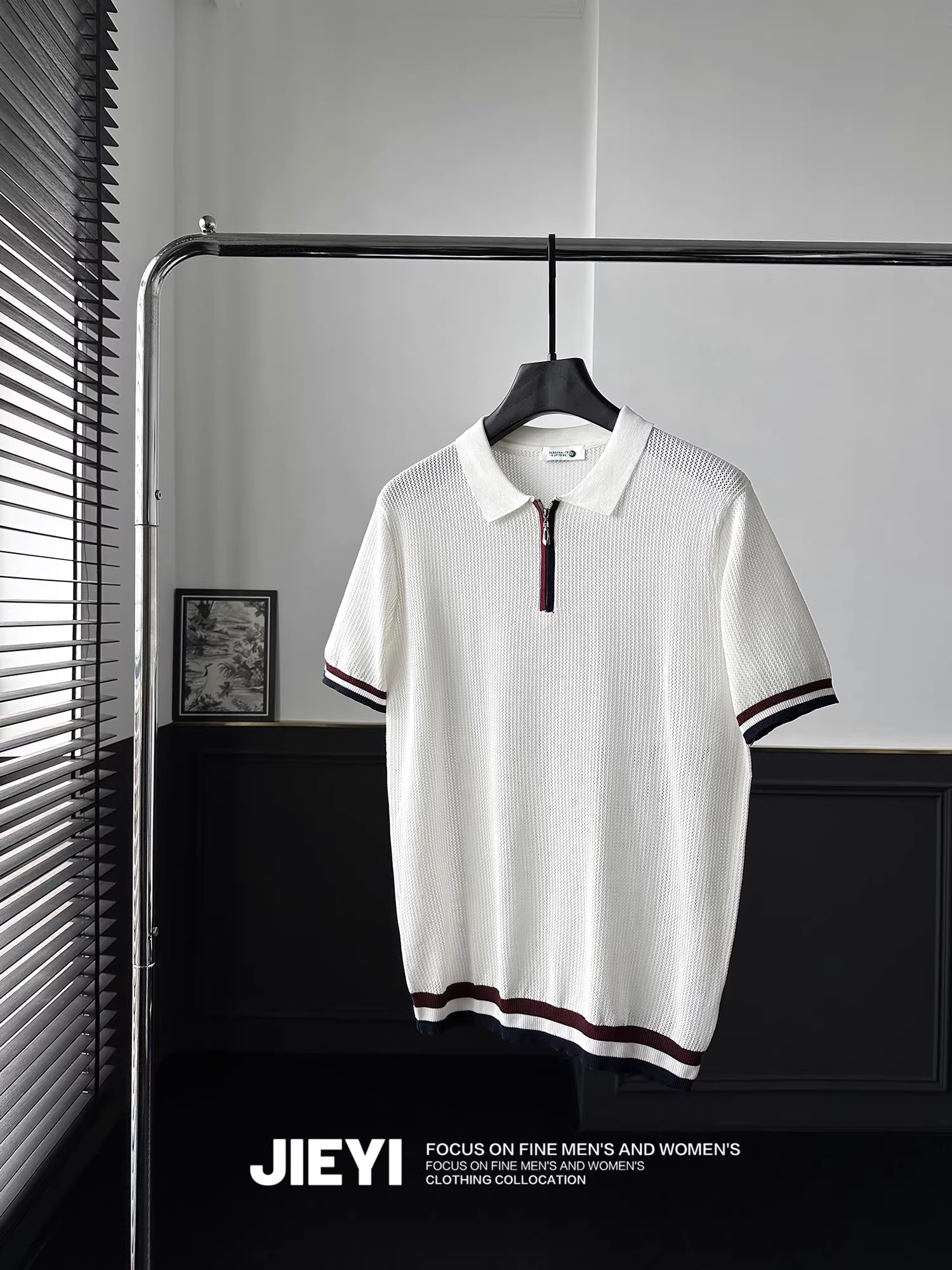 Áo Polo dệt kim JIEYI phối màu, họa tiết jacquard rỗng, nửa khóa kéo, tay ngắn, mùa hè, phối màu cổ điển, thoáng khí dành cho nam