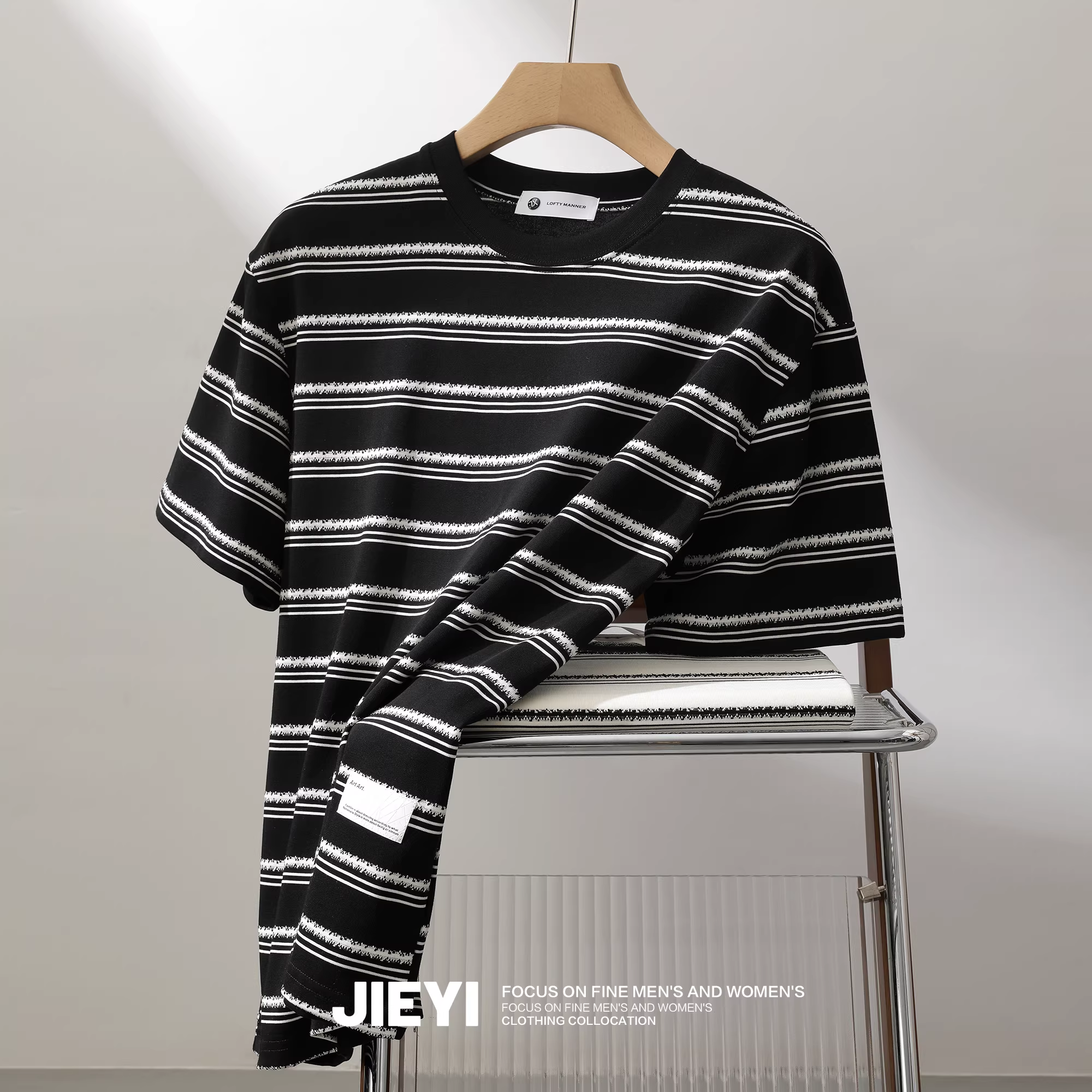 Áo thun nam JIEYI mùa hè chất liệu dày dặn, phối màu jacquard sọc, thiết kế nhãn hiệu thời trang, chất liệu cotton Taigu, tay ngắn hơi rộng