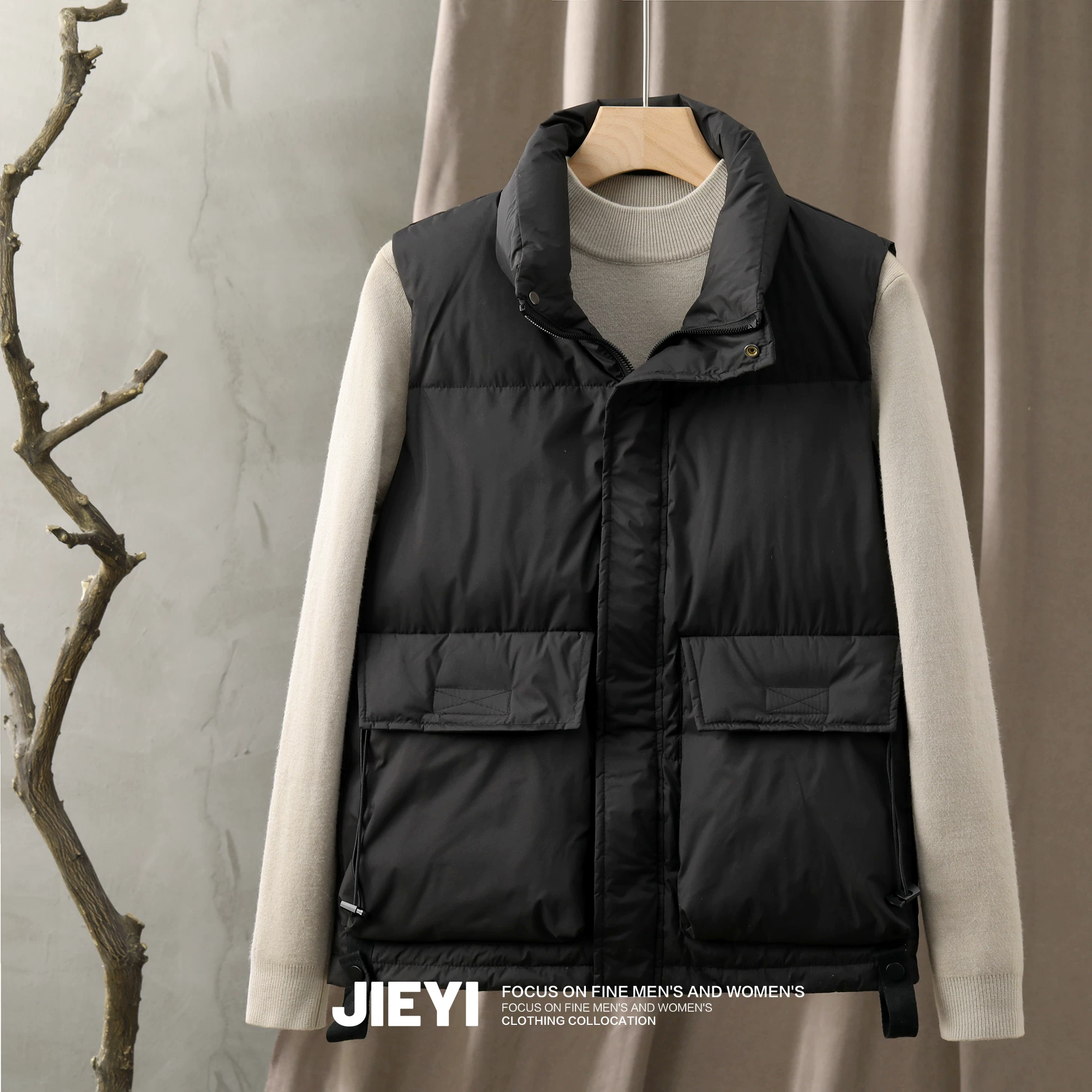 JIEYI phong cách đơn giản và thanh lịch, mang lại cảm giác cao cấp, áo vest cổ đứng, áo vest nam màu trơn phong cách Nhật Bản thời thượng và hợp xu hướng.