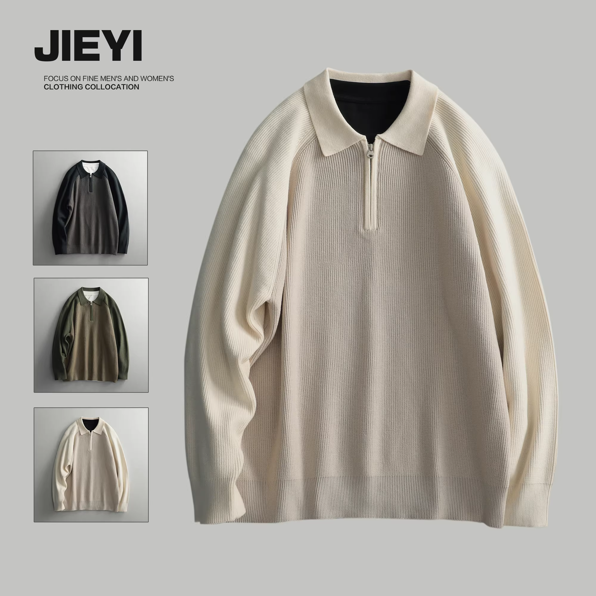 Áo len nam JIEYI phối màu thời trang, kiểu dáng raglan, thiết kế nửa khóa kéo, cổ trụ, phong cách nhẹ nhàng sang trọng, mùa đông