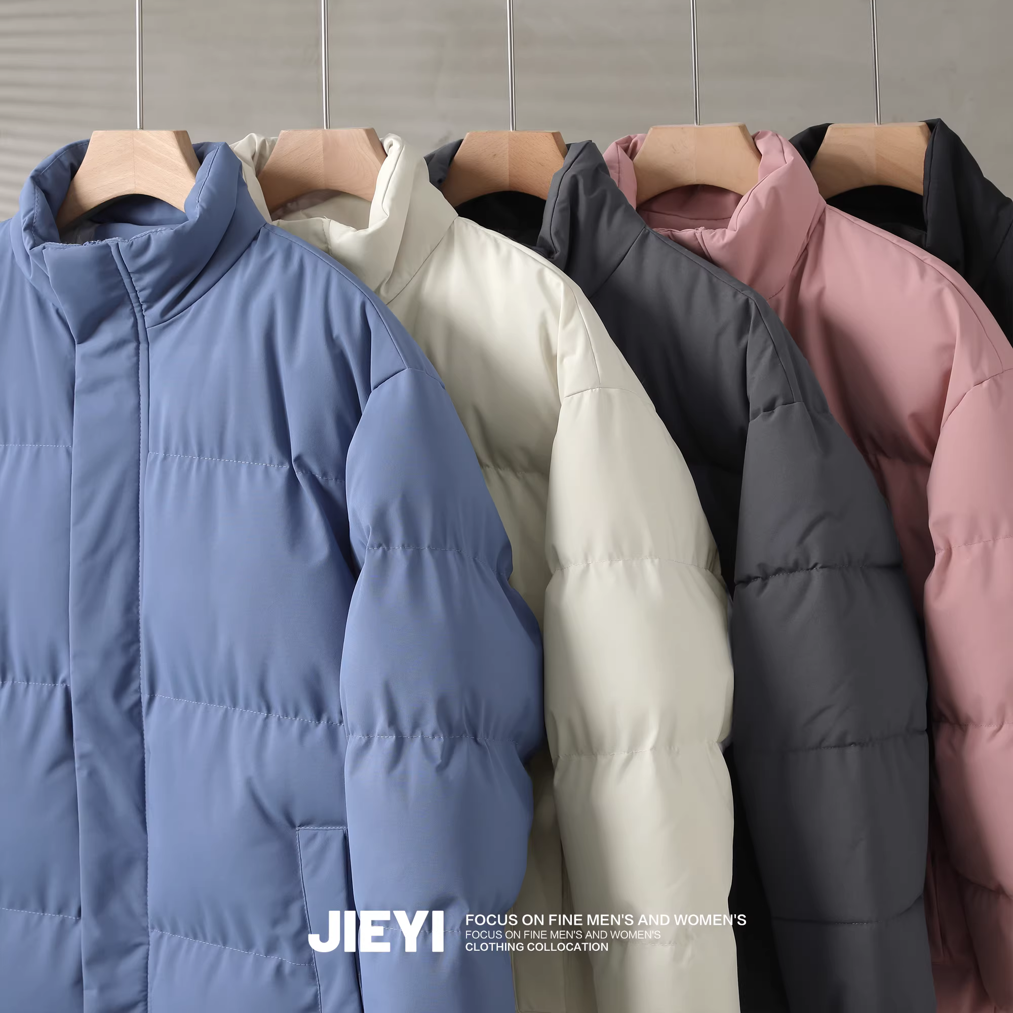 Áo khoác phao không mũ, cổ đứng, màu trơn JIEYI, chống gió, giữ ấm mùa đông, màu kẹo ngọt, chất liệu cotton dày
