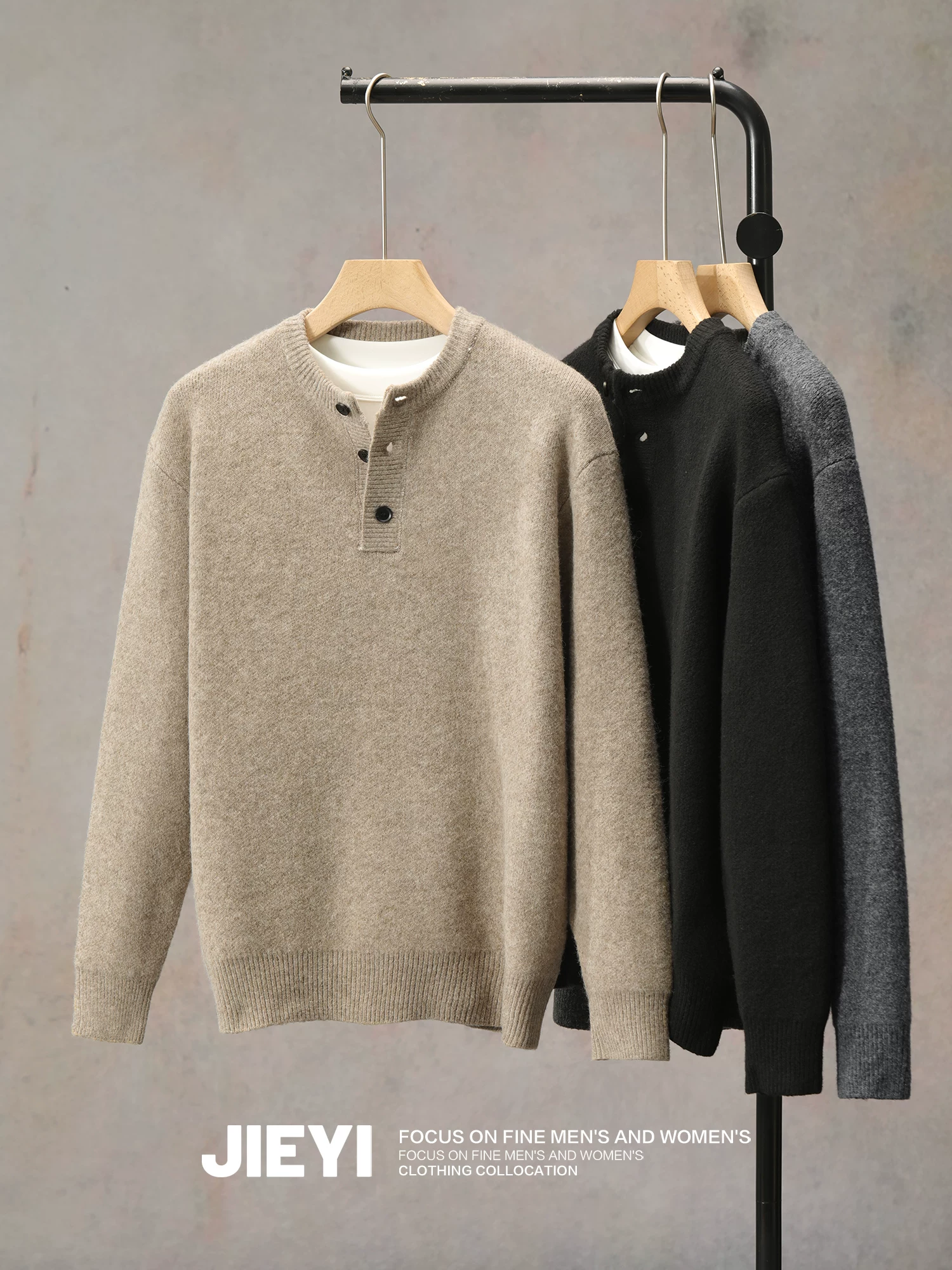 Áo len nam JIEYI chất liệu len pha mềm mại, ấm áp, dày dặn 630g, cổ Henry cao cấp