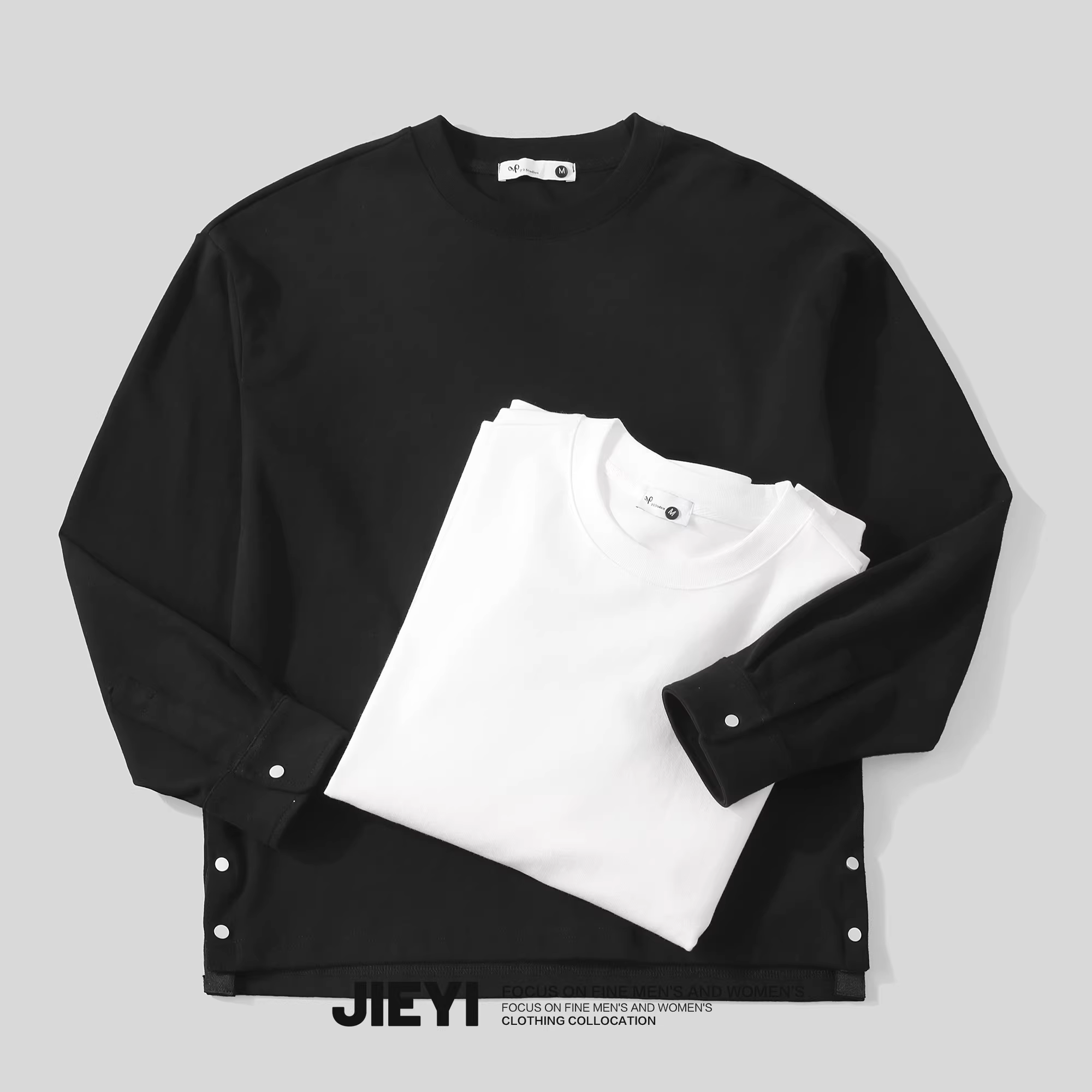Áo thun thiết kế nút viền đen trắng JIEYI, có thể mặc như lớp lót bên trong hoặc mặc ngoài, dài tay, dáng rộng, kiểu dáng nghệ thuật hợp thời trang dành cho nam.