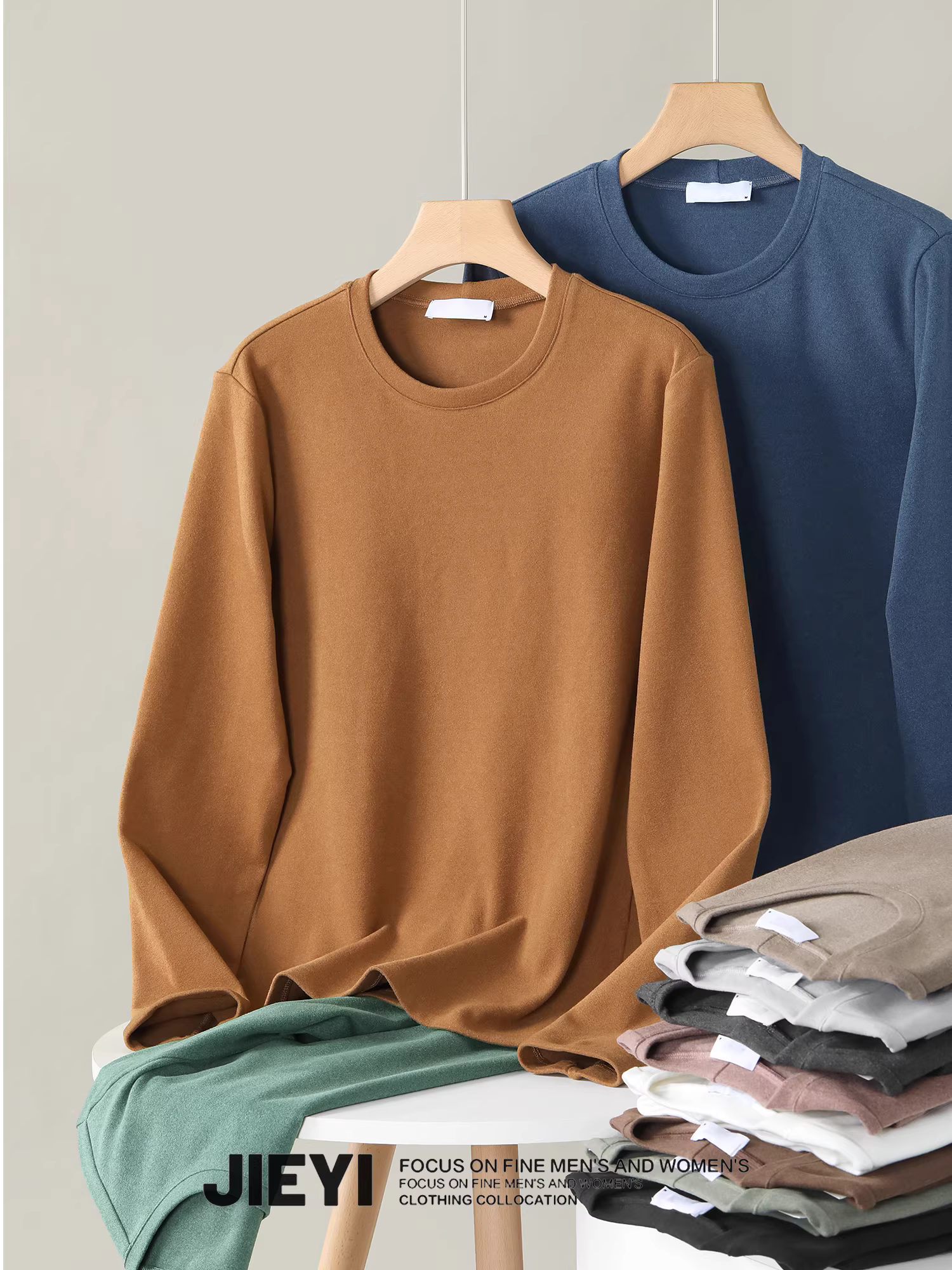 Áo thun nam chất liệu nhung Đức cao cấp, màu trơn, kiểu dáng ôm body, tay dài, đa năng, thích hợp cho mùa thu đông, thương hiệu JIEYI.