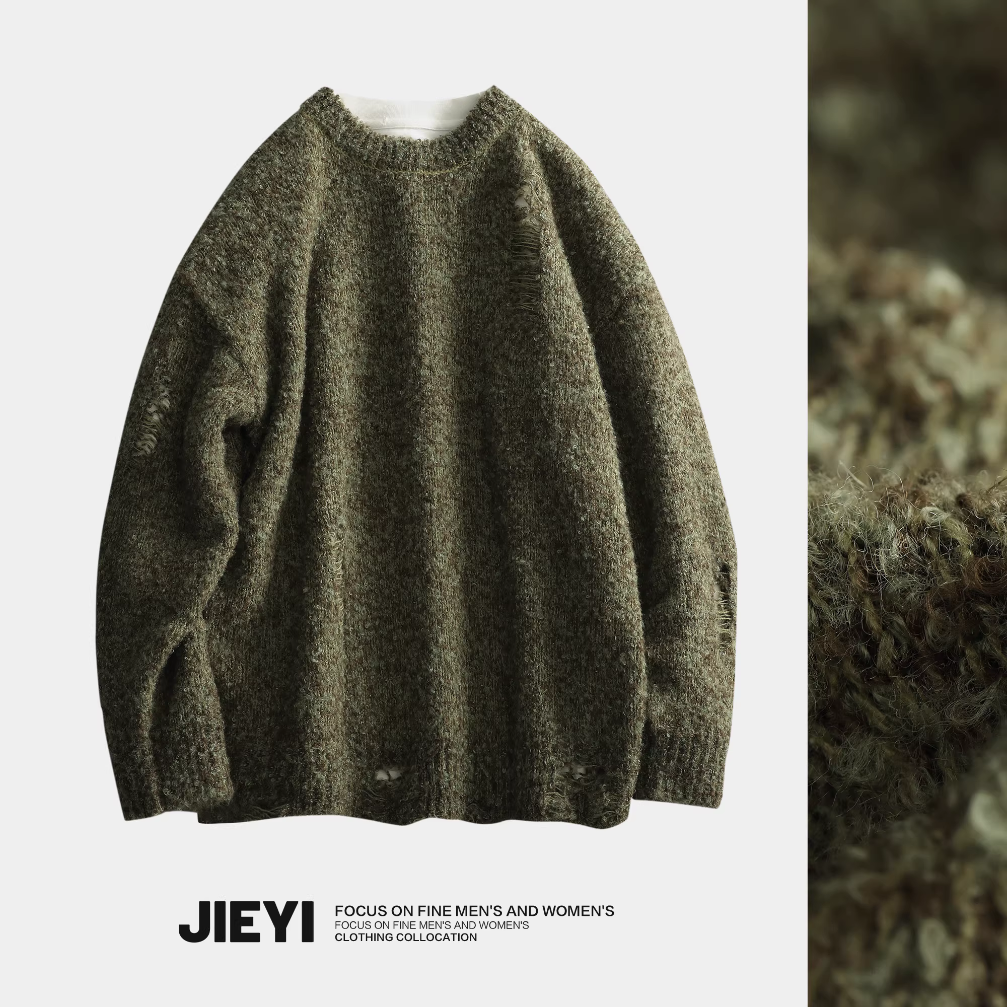 Áo len nam JIEYI thời trang, phối màu, thiết kế rách cá tính, chất liệu len cừu dệt jacquard, kiểu dáng áo len chui đầu mùa đông