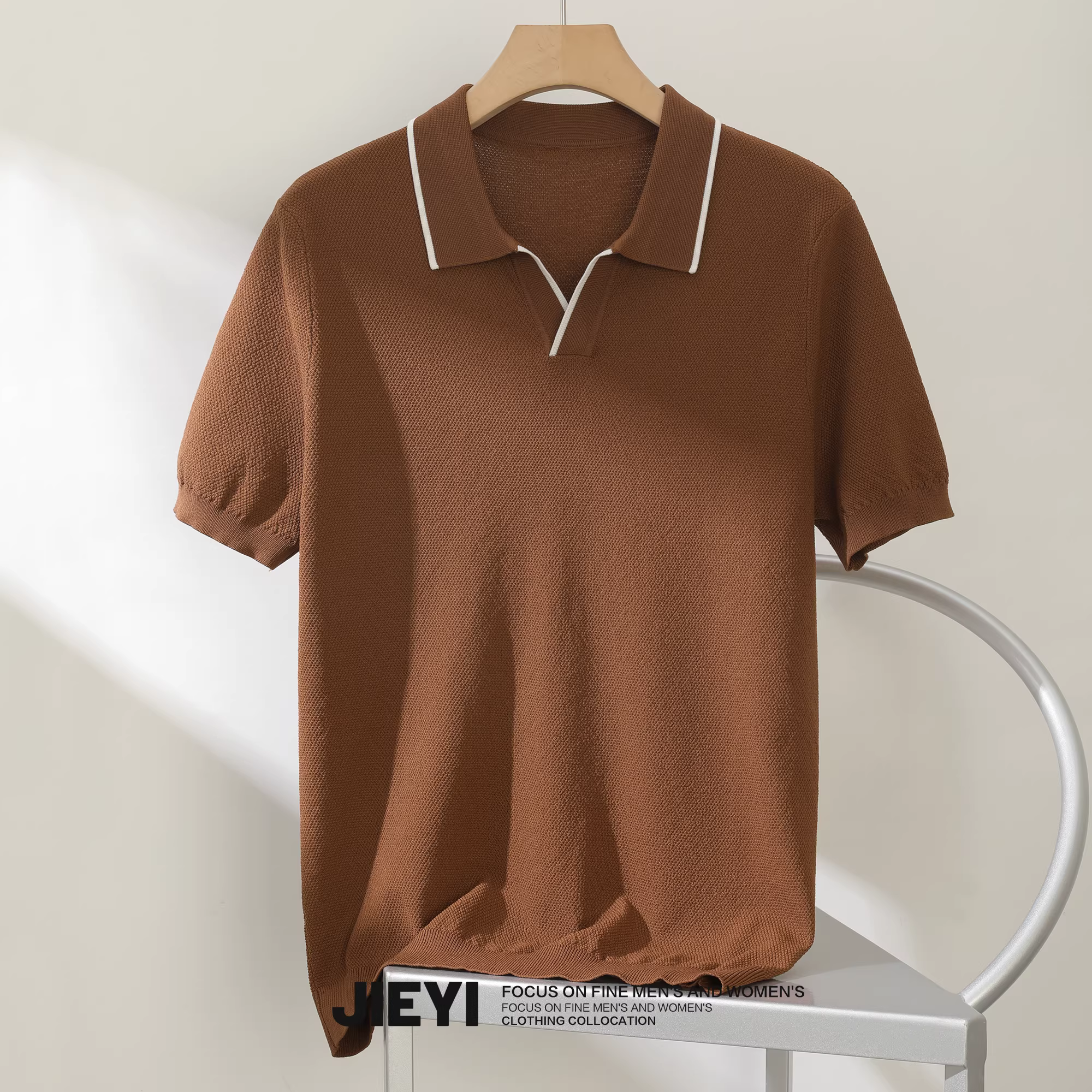 Áo Polo nam JIEYI chất liệu vải lụa đá dệt jacquard phối màu tương phản, tay ngắn, kiểu dáng retro, mùa hè, ôm body, kiểu Paul.