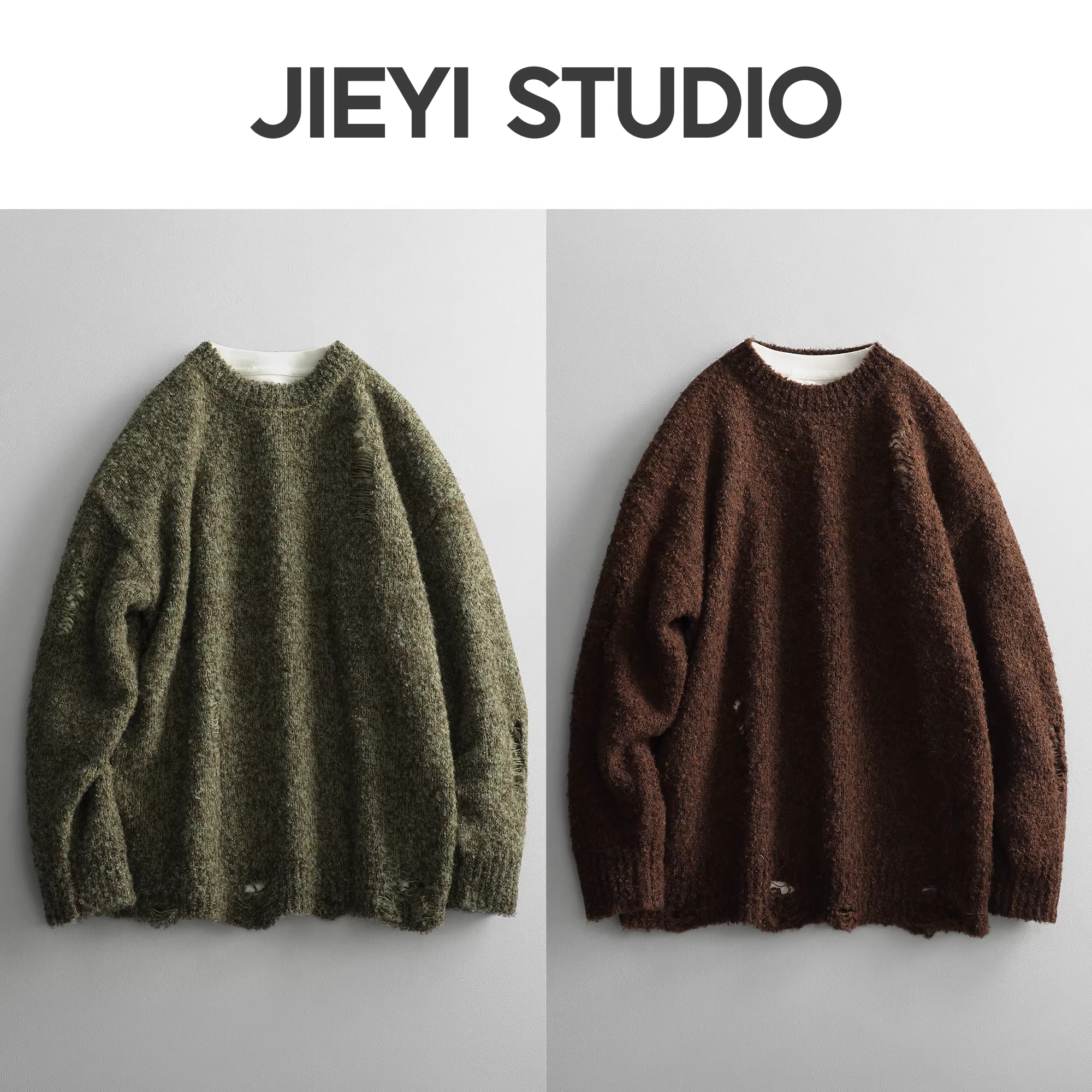 Áo len nam JIEYI thời trang, phối màu, thiết kế rách cá tính, chất liệu len cừu dệt jacquard, kiểu dáng áo len chui đầu mùa đông