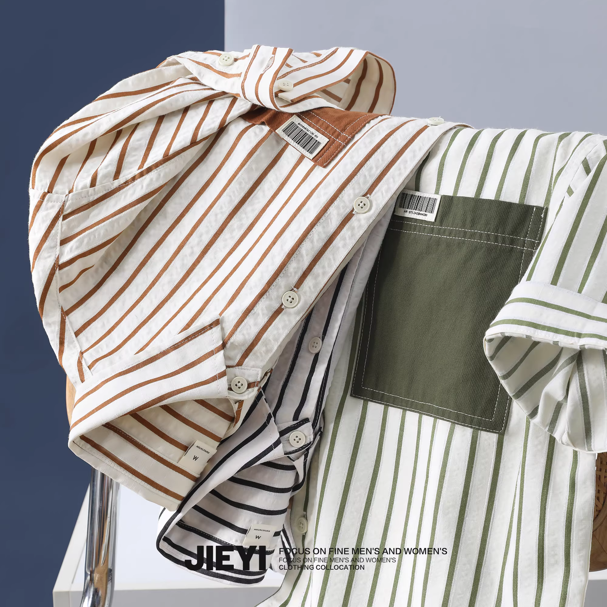 Áo sơ mi nam kẻ sọc JIEYI chất liệu nghệ thuật, thời thượng, thoáng khí, kiểu dáng thường ngày, tay ngắn, mùa hè, năng động, có túi.