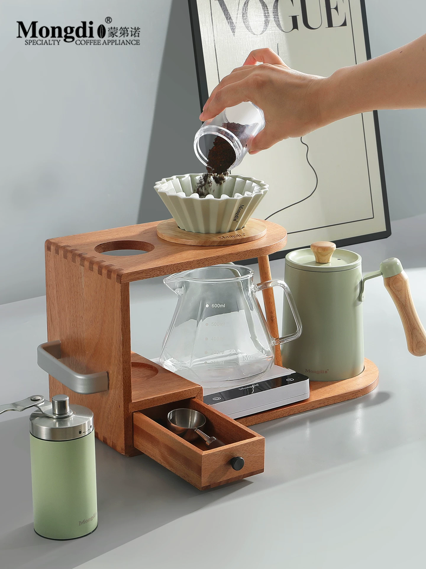 Bộ pha cà phê thủ công Mongdio, giá đựng ấm pha cà phê thủ công, bộ dụng cụ máy pha cà phê xay tay