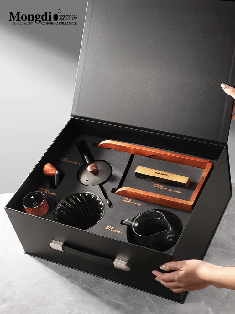 Bộ ấm pha cà phê thủ công Mongdio, máy pha cà phê xay tay, giá đỡ bằng gỗ, hộp quà lưu trữ, quà tặng sinh nhật trọn bộ