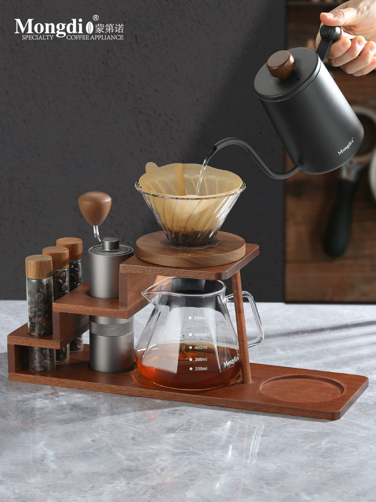 Bộ pha cà phê Pour-over Mongdio, máy xay cà phê bằng tay, máy pha cà phê quay tay, giá đỡ bằng gỗ, dụng cụ pha cà phê Pour-over