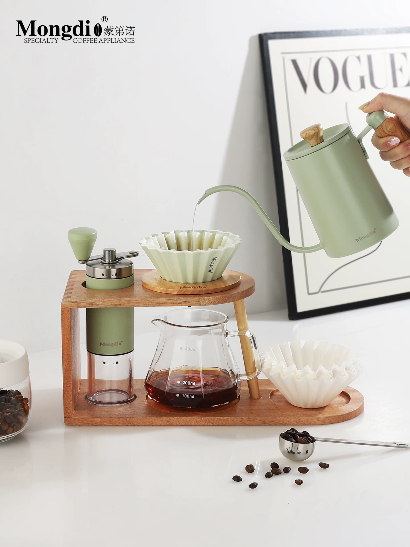 Bộ ấm pha cà phê Pour-over Mongdio, máy xay cà phê bằng tay, dụng cụ pha cà phê, bộ ấm pha cà phê Pour-over đầy đủ với giá đỡ bằng gỗ