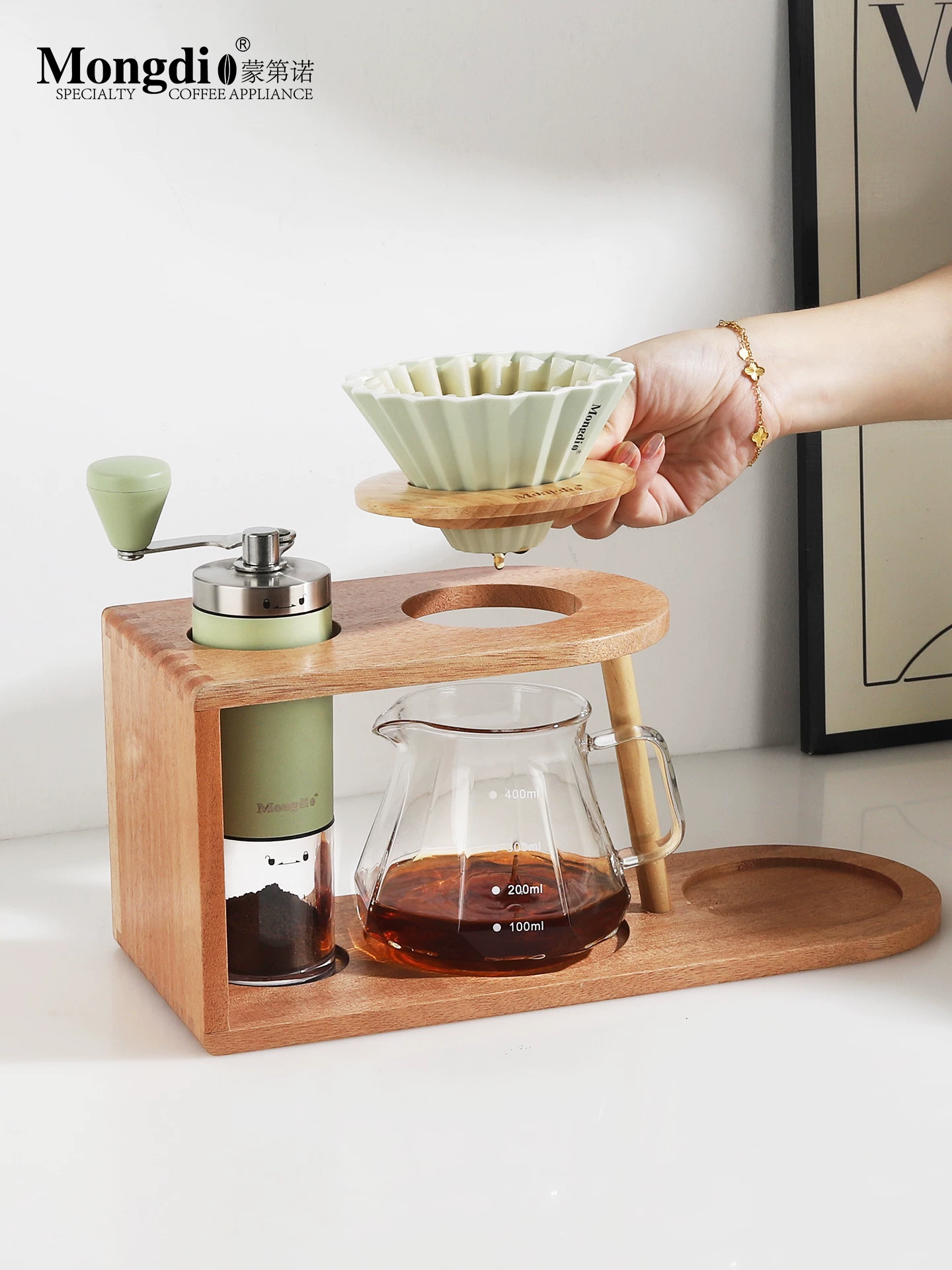 Bộ ấm pha cà phê Pour-over Mongdio, máy xay cà phê bằng tay, dụng cụ pha cà phê, bộ ấm pha cà phê Pour-over đầy đủ với giá đỡ bằng gỗ