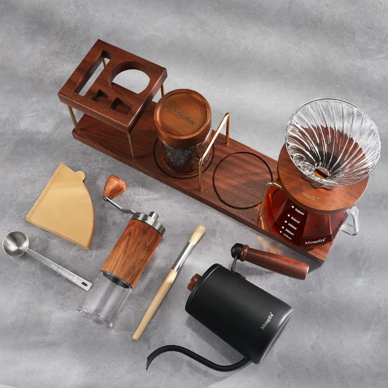 Bộ ấm pha cà phê thủ công Mongdio, máy pha cà phê bằng tay, thiết bị pha cà phê bằng tay quay tay, giá đựng bằng gỗ