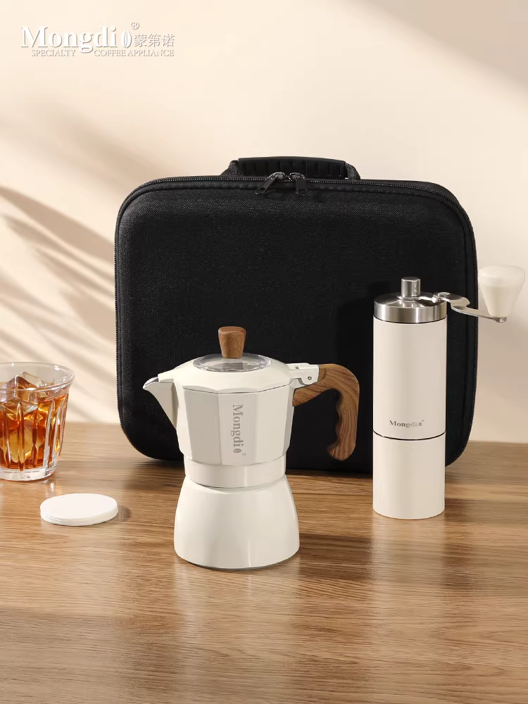 Máy pha cà phê moka pot hai van Mongdio, máy xay cà phê bằng tay, máy pha cà phê quay tay, bộ dụng cụ pha cà phê ngoài trời di động, bộ dụng cụ cắm trại