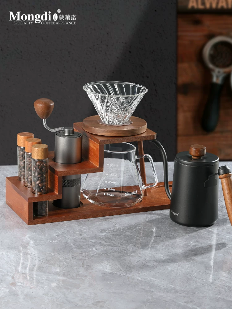 Bộ pha cà phê Pour-over Mongdio, máy xay cà phê bằng tay, máy pha cà phê quay tay, giá đỡ bằng gỗ, dụng cụ pha cà phê Pour-over