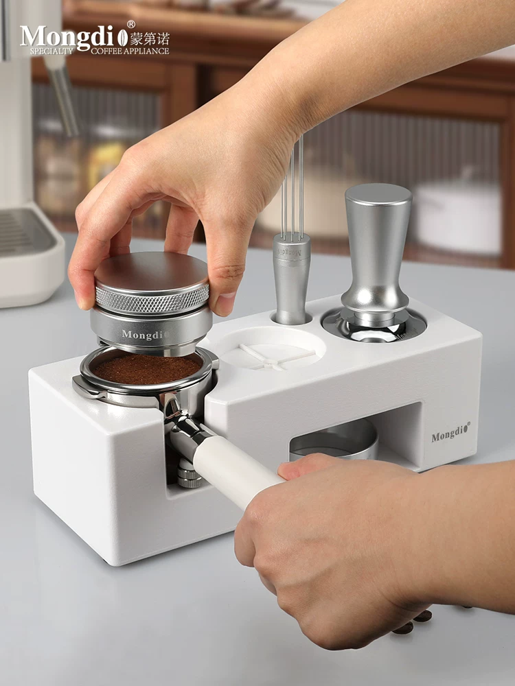 Bộ dụng cụ nén cà phê Mongdio, bộ ba món gồm đế nén, búa nén, phụ kiện cà phê và các bộ phận bảo quản.