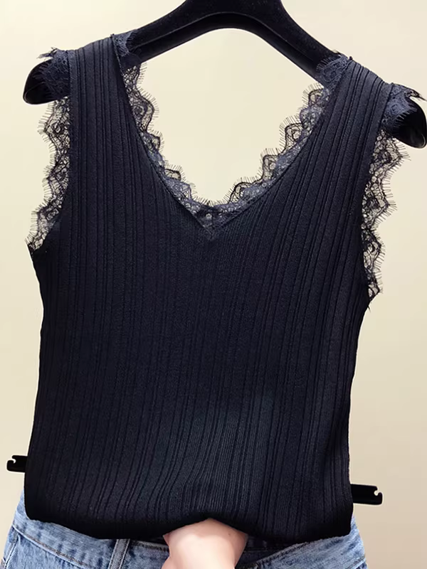 Áo camisole dệt kim lụa đá giảm giá, thời trang mặc trong hoặc mặc ngoài, kiểu dáng ngắn tay, chất liệu ren dành cho nữ