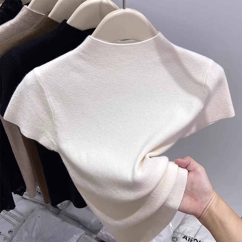 Hàng thanh lý quần áo xuất khẩu nữ, đã gỡ mác, áo thun dệt kim ngắn tay mùa hè, size nhỏ, áo lót ôm sát, kiểu dáng thời thượng.