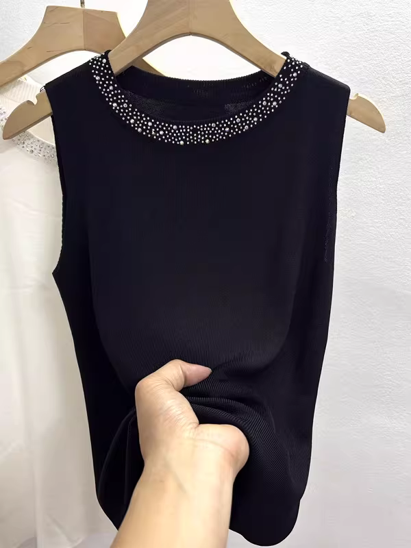 Hàng thanh lý xuất khẩu Châu Âu, áo vest nữ mùa hè cổ tròn không tay đính đá, kiểu dáng ôm dáng, thời trang, sành điệu, hợp xu hướng