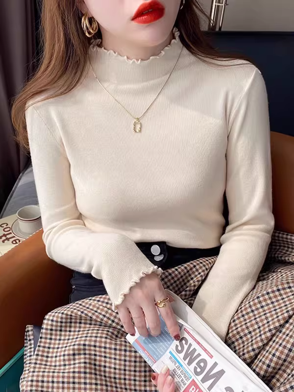 Giảm giá thanh lý quần áo nữ của các thương hiệu nước ngoài, áo dệt kim có nhãn cắt may của nhà thiết kế, viền xếp nếp, thích hợp để mặc nhiều lớp vào mùa xuân và mùa thu, áo kiểu dáng thời trang và độc đáo.