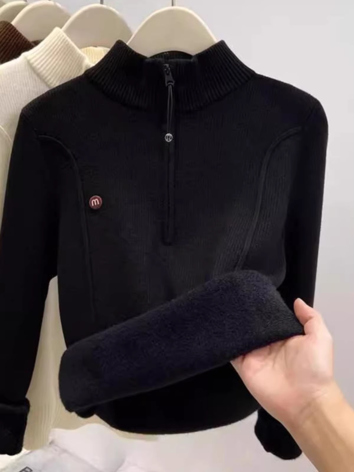 Quần áo nữ châu Âu giảm giá có thương hiệu, áo len nỉ tích hợp nửa khóa kéo, nhãn cắt bỏ, áo len cổ cao nửa cổ, áo lót dày.