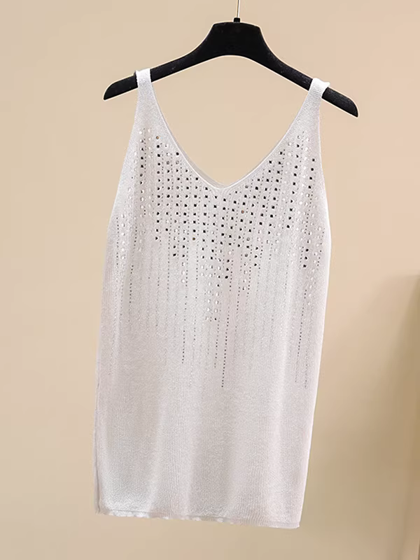 Áo camisole nữ mùa hè chất liệu lụa bóng, hàng hiệu giảm giá, kiểu dáng đa năng, đính đá lấp lánh