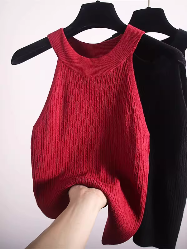 Áo len nữ giảm giá có thương hiệu, áo len dệt kim không tay cổ tròn, có nhãn cắt bỏ, áo lót không lưng, áo lót ôm dáng tôn dáng.