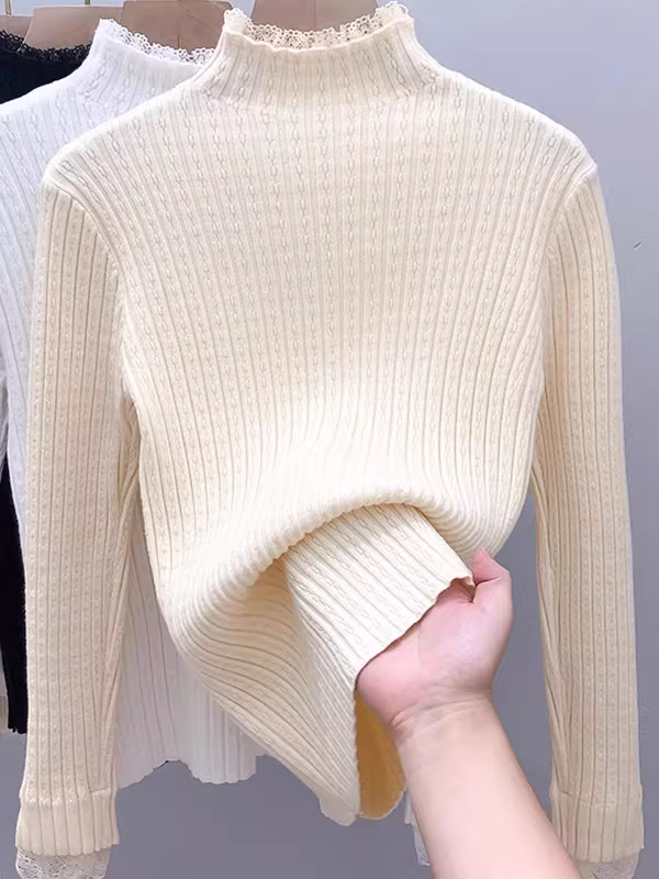 Giảm giá~ Áo thun dệt kim có nhãn cắt giảm giá dành cho nữ, mặc bên trong mùa thu đông, áo len cổ lọ nửa cổ, áo ren thời trang