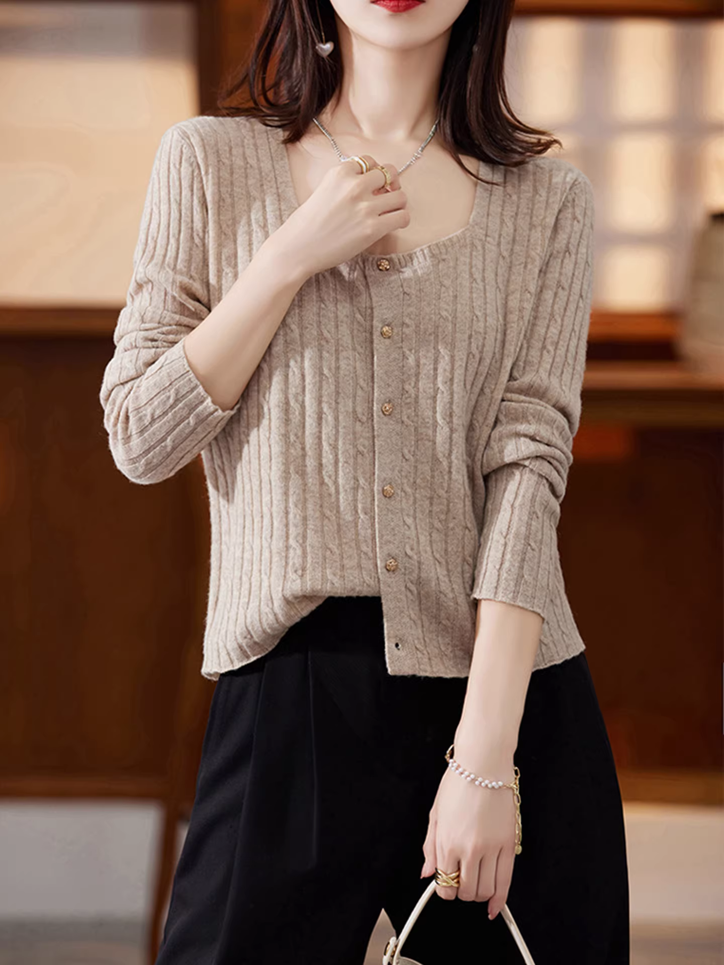 Quần áo nữ xuất khẩu giảm giá có nhãn mác, áo cardigan dệt kim dài tay kiểu vintage, áo len cổ vuông thanh lịch kiểu Pháp.
