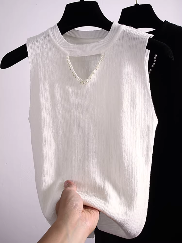 Áo len nữ giảm giá, kiểu dáng không tay, đính hạt, ôm sát, lớp trong, kiểu dáng độc đáo, hợp thời trang.