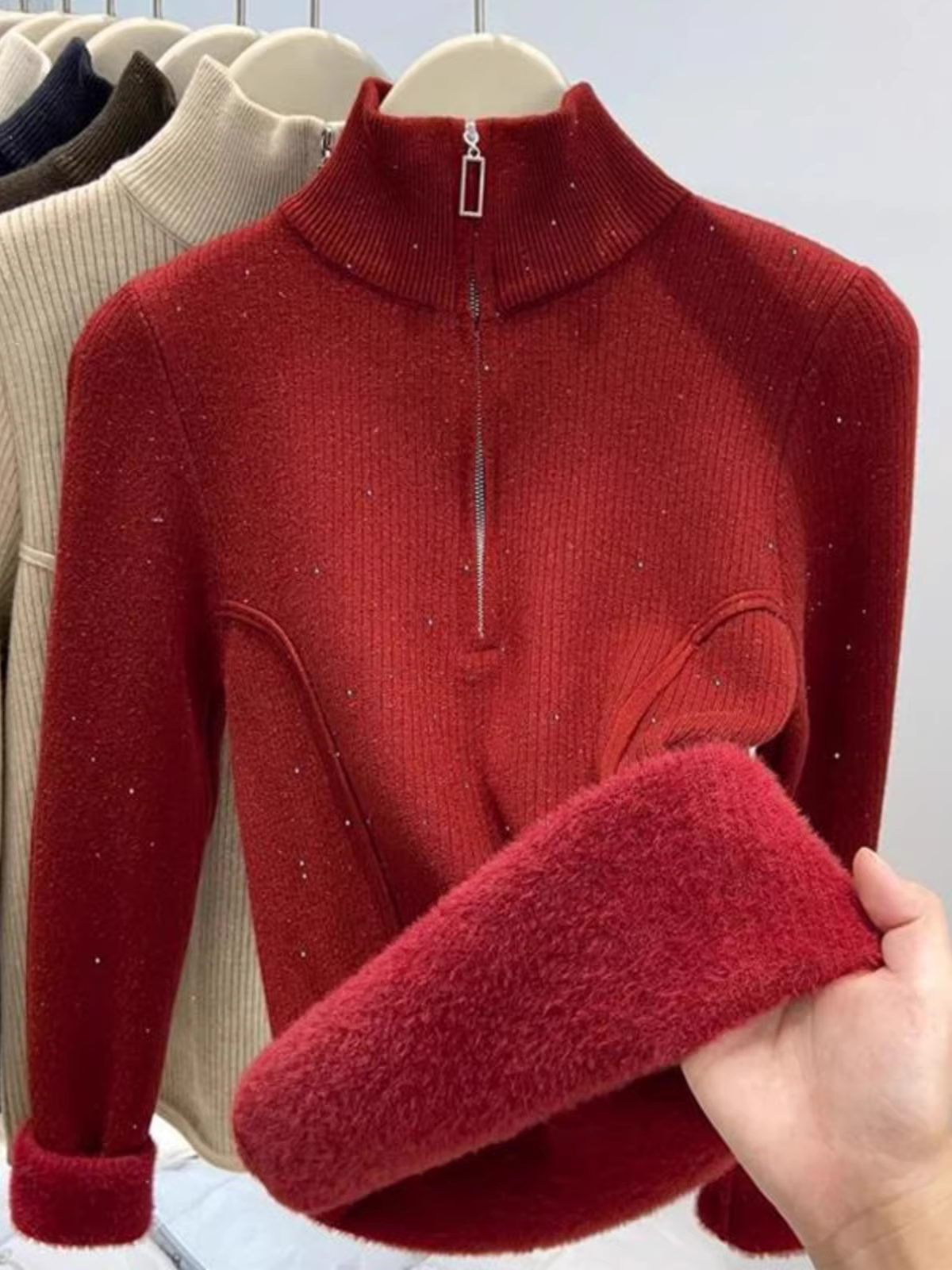 Quần áo nữ giảm giá có thương hiệu, áo len có khóa kéo bằng vải lông cừu tích hợp nhãn cắt, áo len dệt kim cổ cao nửa cổ mùa đông sành điệu, áo ấm áp.