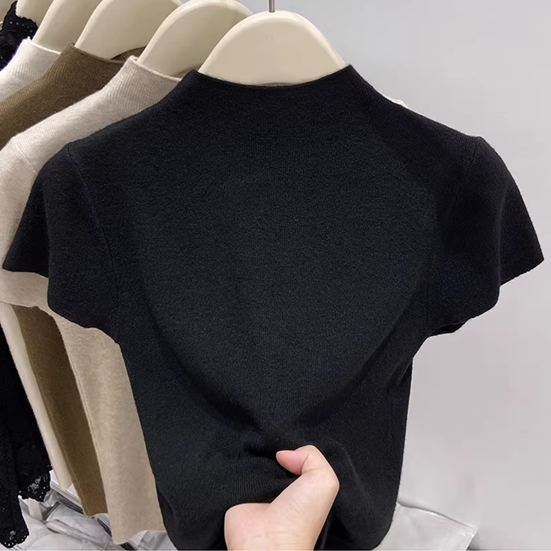 Hàng thanh lý quần áo xuất khẩu nữ, đã gỡ mác, áo thun dệt kim ngắn tay mùa hè, size nhỏ, áo lót ôm sát, kiểu dáng thời thượng.