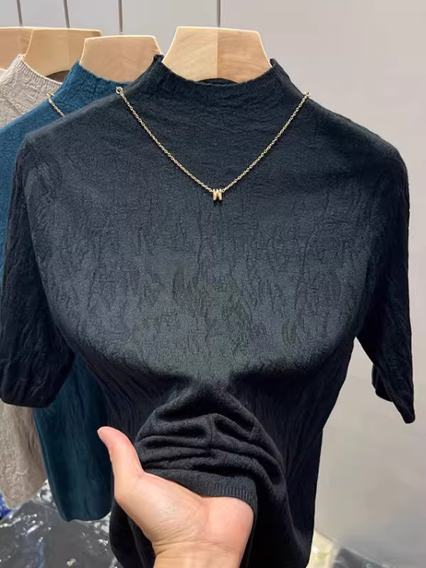 Áo thun nữ xuất khẩu Châu Âu, cổ nửa cao, tay lửng, dáng ôm, tôn dáng.