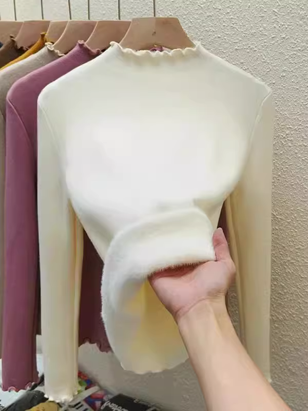 Quần áo nữ châu Âu giảm giá có thương hiệu, cổ cao nửa cổ có viền xếp nếp, lớp lót bên trong bằng lông cừu tích hợp, dày dặn để giữ ấm, áo len bên trong.