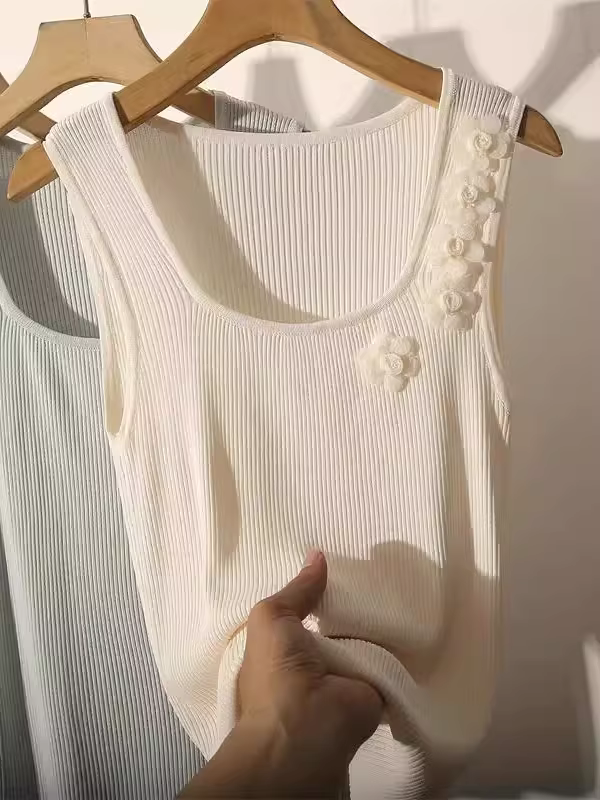 Hàng thanh lý: Áo len nữ xuất khẩu, có mác cắt, phong cách Pháp thanh lịch, áo len cổ tròn họa tiết hoa, áo không tay đa năng.