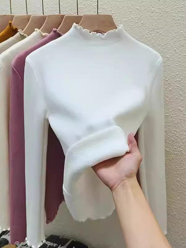 Quần áo nữ châu Âu giảm giá có thương hiệu, cổ cao nửa cổ có viền xếp nếp, lớp lót bên trong bằng lông cừu tích hợp, dày dặn để giữ ấm, áo len bên trong.