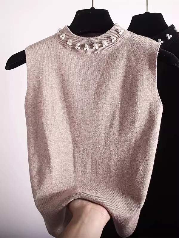 Quần áo nữ giảm giá có nhãn mác và đính hạt, áo camisole cổ nửa cao thời trang dành cho nữ, áo len ngắn để phối lớp.