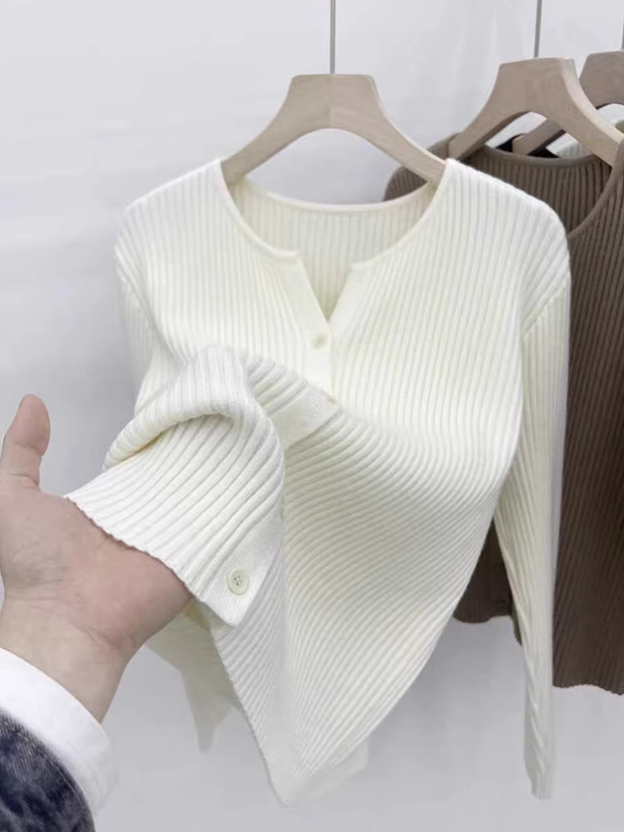 Áo len dệt kim cổ chữ V dài tay ôm dáng, nhãn hiệu giảm giá, kiểu dáng đơn giản màu trơn, thời trang.