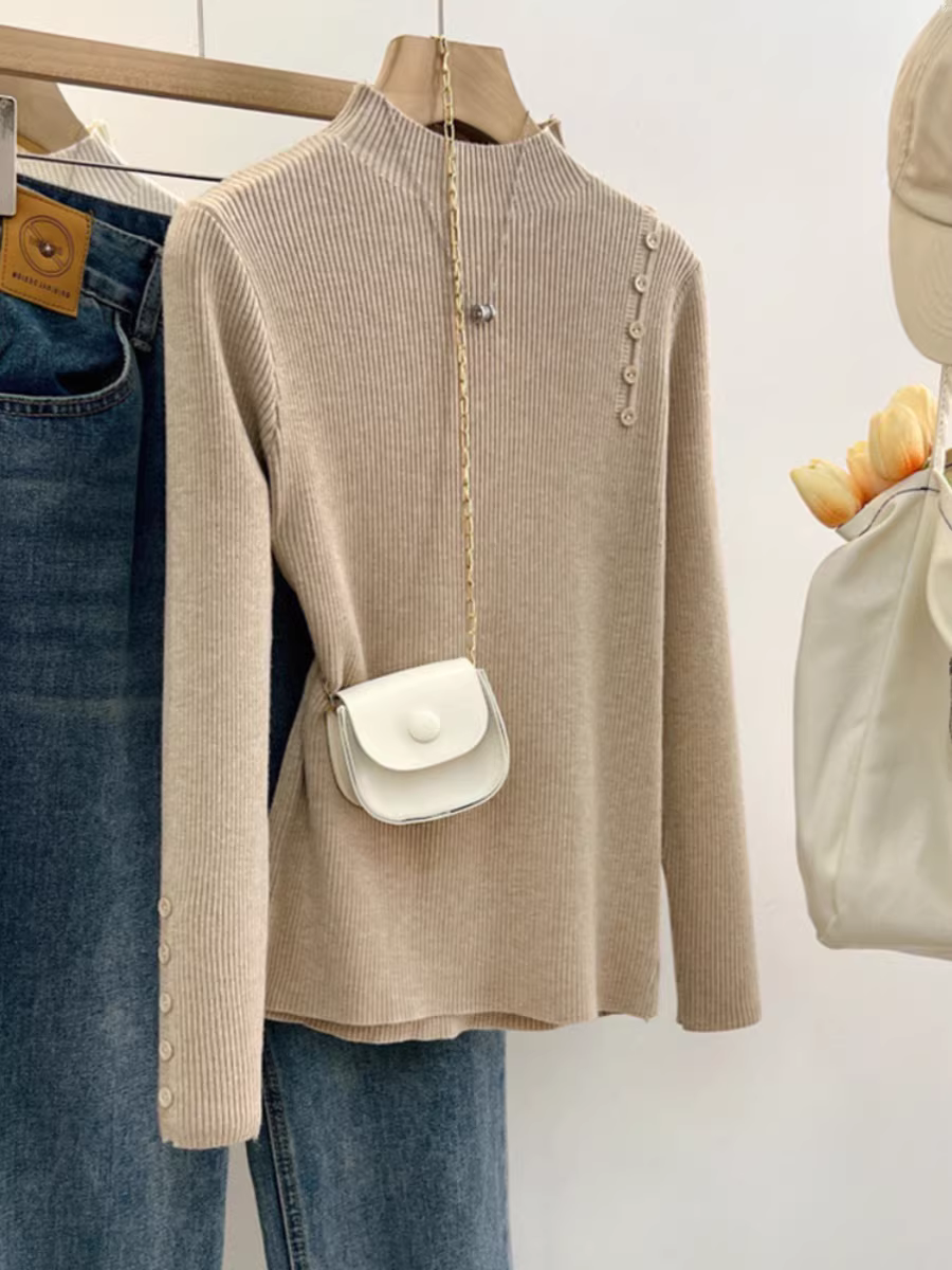 Giảm giá áo len nữ cổ lọ nửa cao, chất liệu dệt kim, mặc lót mùa thu đông, tay dài, ôm dáng, kiểu dáng thời trang.