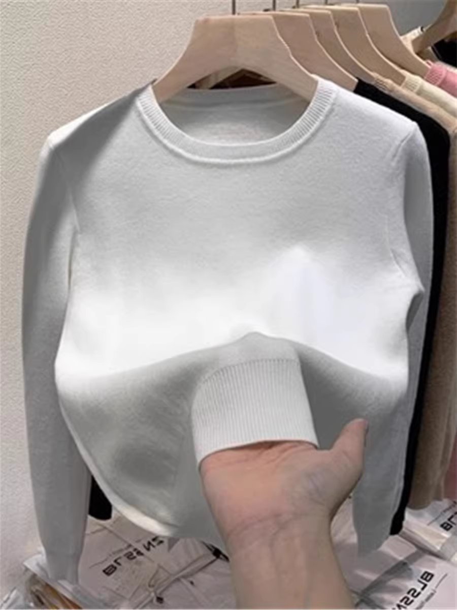 Quần áo nữ ngoại thương phong cách châu Âu, áo thun dệt kim lót lông cừu có nhãn cắt, thích hợp để mặc nhiều lớp vào mùa thu đông, áo len dày có lớp lông cừu tích hợp.